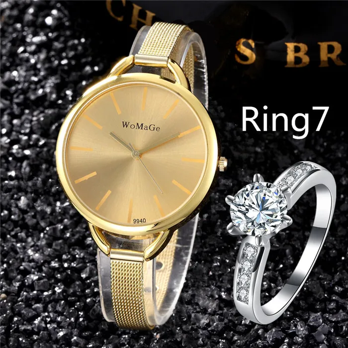 Женские часы, Набор браслетов, модные часы из серебряной стали, женские наручные часы с кольцом, женский браслет, Hodinky Relogio Feminino - Цвет: Gold Ring7