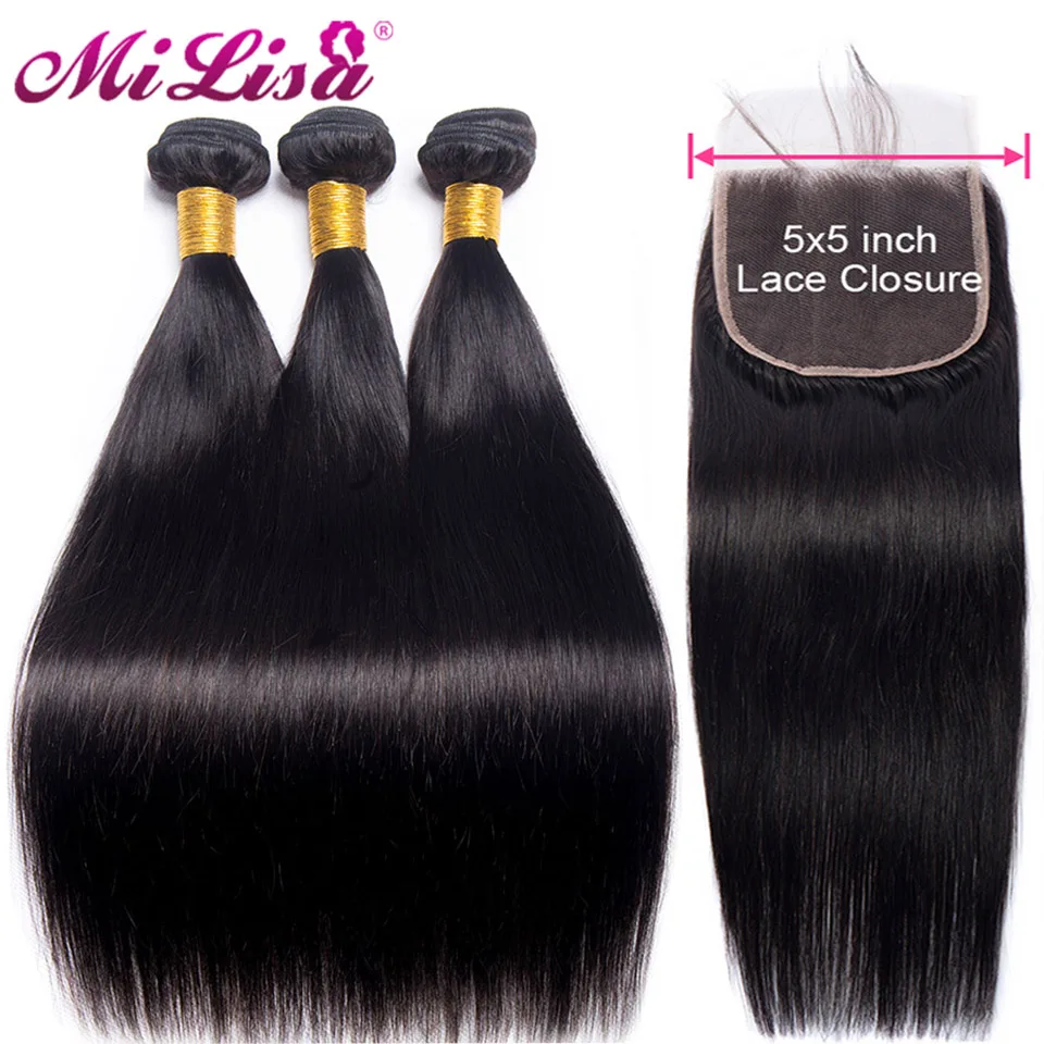 

5x5 Closure With 3 Bundles Human Hair With Closure 10- 30 inch Malaysian Straight Hair 4 Bundles With lace Closure Natural Color