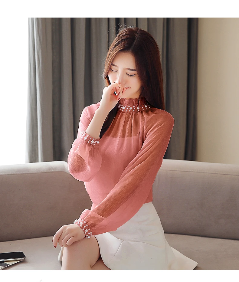 Femininas Blusas 2019 женская шифоновая блузка весна осень модная сексуальная прозрачная рубашка Топы жемчужные длинный рукав с бисером рубашки
