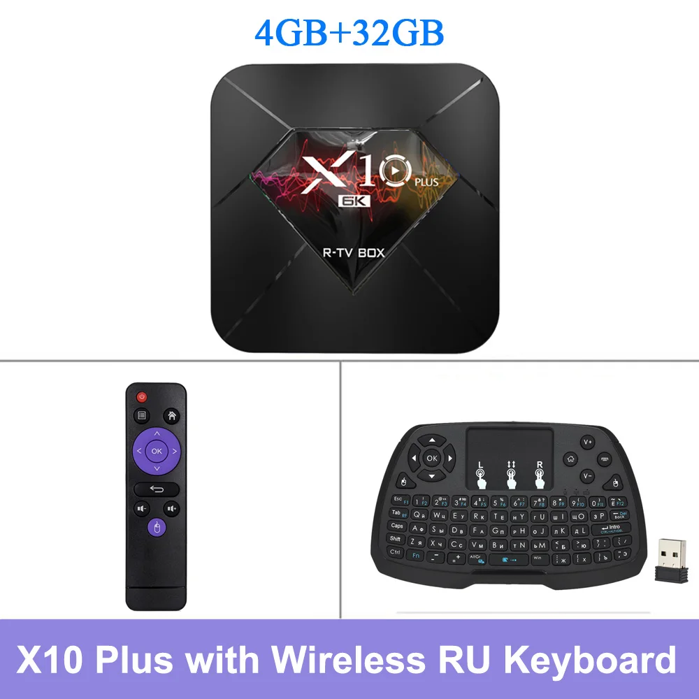 R-TV BOX Smart TV Box X10 PLUS Android 9.0 Allwinner H6 4K Media Player 4GB RAM 32GB ROM 2.4G WiFi USB3.0 H.265 VP9 Set Top Box - Color: 32GB RU Keyboard