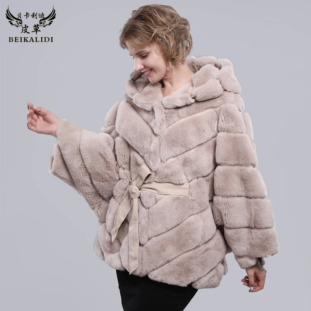 

BEIKALIDI Real Rex Rabbit Fur Coat Fashion Women's Winter Coat Female Natural Fur Shawl Women Hooded Coat Jacket Women Overcoat