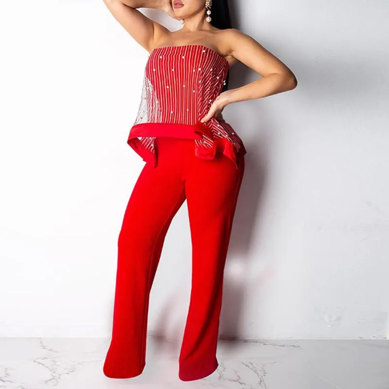 

2019 Women Off Shoulder Wide Leg Bodycon Jumpsuits Lace Patchwork Bodysuits Mesh Beading Sexy