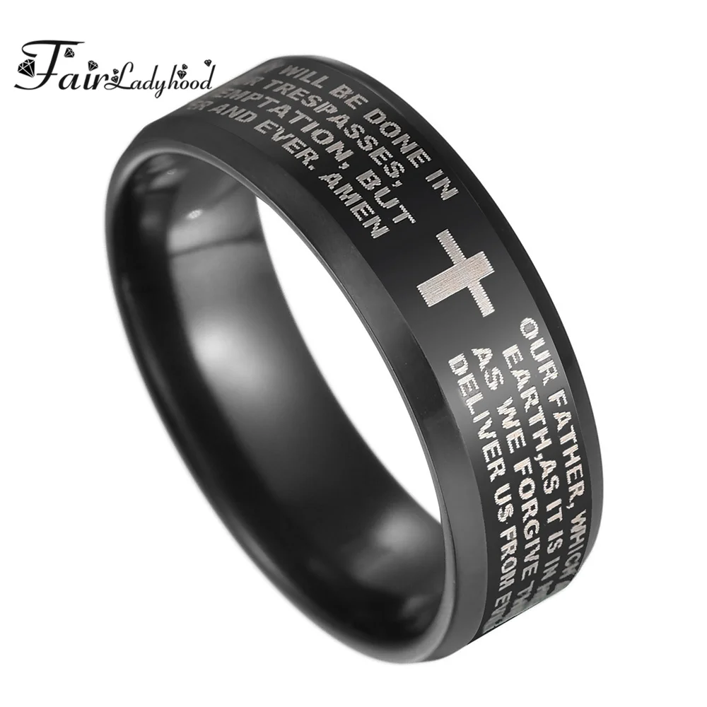 FairLadyHood, черное титановое стальное кольцо с английской буквой, молитвенное кольцо, мужские библейские кольца с крестом для женщин, ювелирные изделия с Иисусом