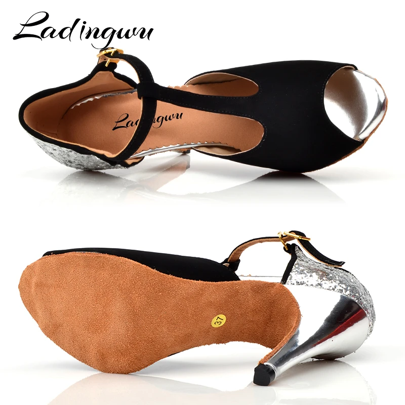  Ladingwu Dance Shoes Latin Women Black Flannel and Silver Glitter Ballroom Dance Shoes Salsa Woman 