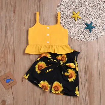 

2019 Baby girl summer clothing set Fashion Yellow Sleeveless Crop Tops sunflower Shorts for Kid clothes toddler Children Outfit