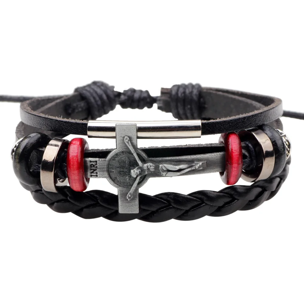 Multilayer INRI Leather Bracelets For Men and Women Leather Bracelets alloy Cross of Jesus Beaded 18163 leather bracelet