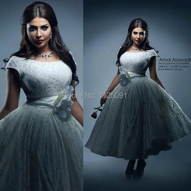 

2019 Elegant Saudi Arab Prom Dresses A Line Scoop Ankle Length Hand Made Flower Lace Party Dress Vintage Dubai Dresses