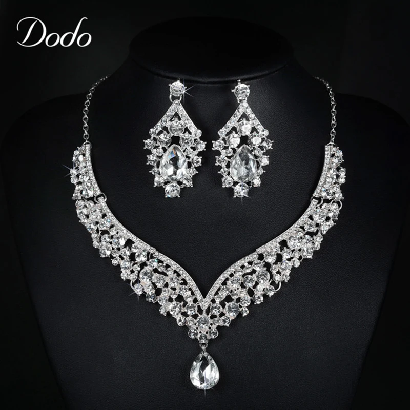 Exaggerated Wedding Jewelry Sets Bridal White Gold Color Crystal