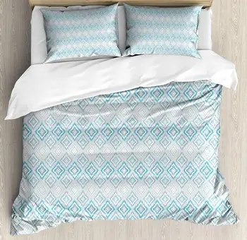 

Ikat Duvet Cover Set King Size Pale Colored Geometric Aztec Pattern Traditional Peruvian Culture Elements Decorative 4 Piece Bed