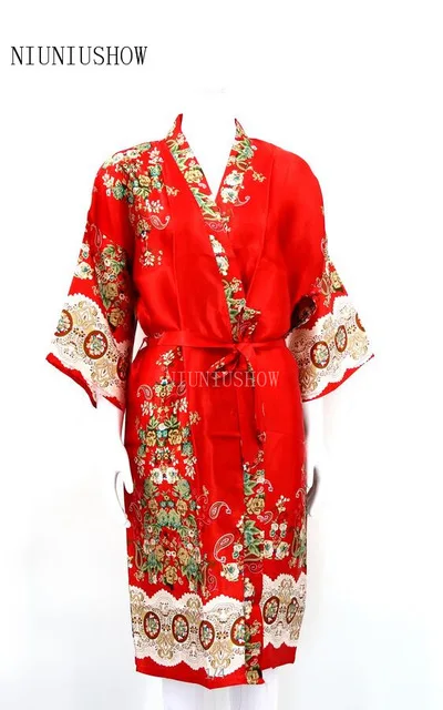 Женский Атласный халат с принтом, женское элегантное цветочное кимоно, сексуальная ночная рубашка, банный халат, одежда для сна, большие размеры - Цвет: red