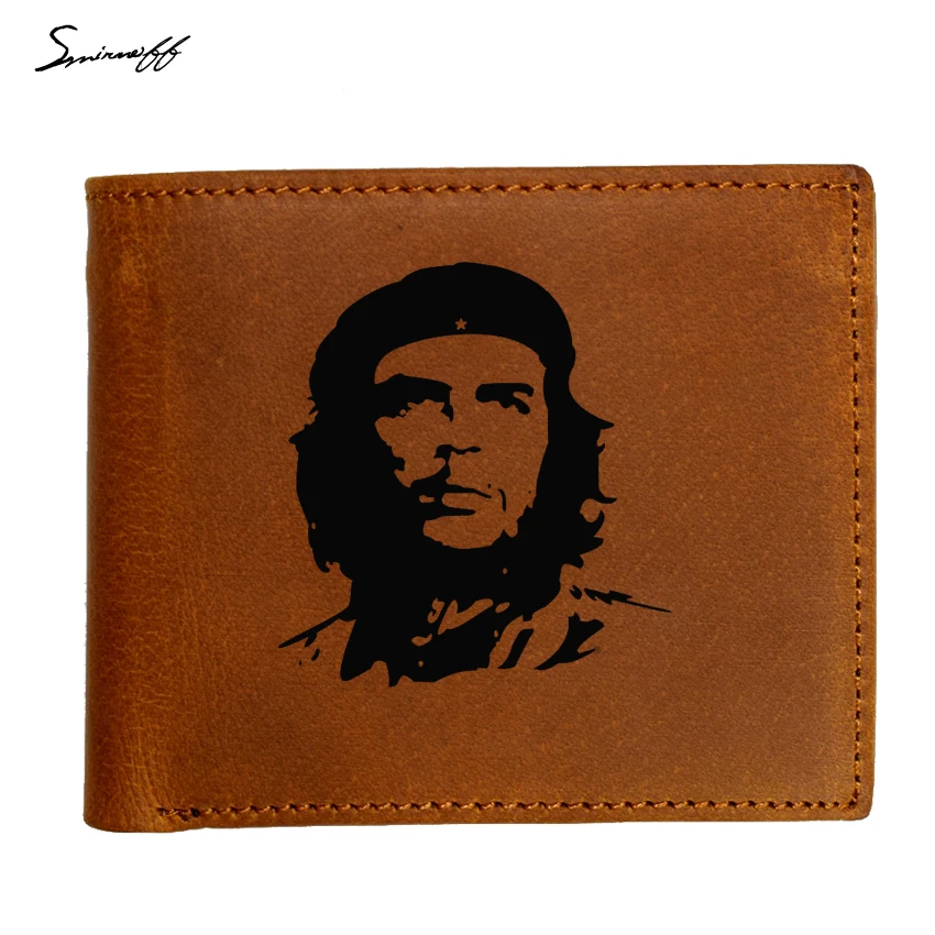 

Fashion Genuine Leather Wallet Men Laser Engraved Che Guevara visage Leather Men Wallet with zip coin pocket Short Gift Purse