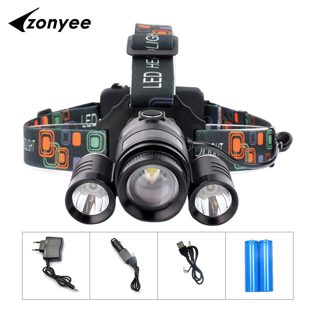 

Zonyee XML T6 LED Headlamp Headlight Fishing Caming Hunting Head Light Lamp 4 Modes 9000 Lumen Luminaria + Battery + Charger