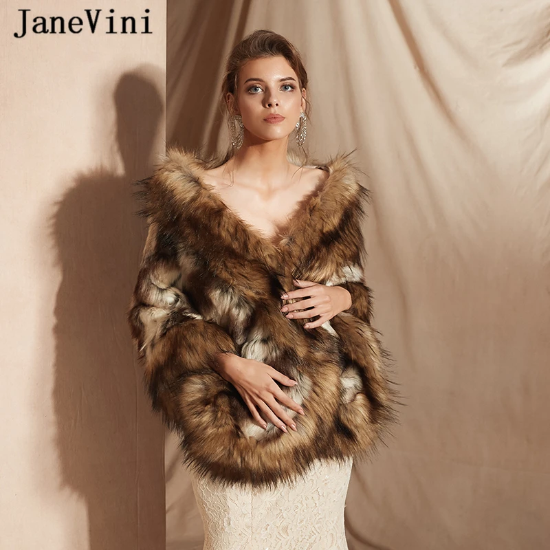 JaneVini 2019 Elegant Winter Women Bolero Faux Fur Wedding Shawl Bridal Wrap Cloak Formal Prom Party Cape Vestidos Mujer Largos