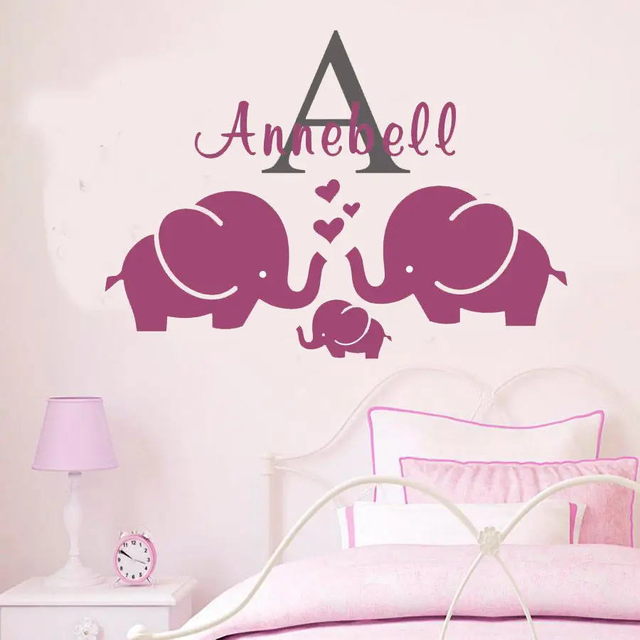 100cm Cartoon Personalized Name Elephant Family Wall Decal Kids Nursery