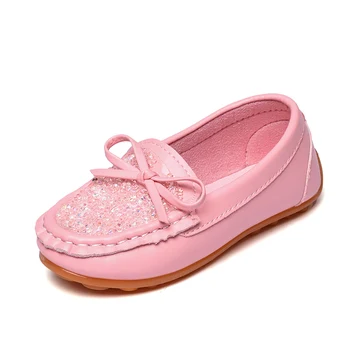 

New Girls Shoes Fashion Princess Sweet PU Leather With Rhinestone Kids Flats Children Girls Loafers Shoes Bow-knot Hot Sale Soft