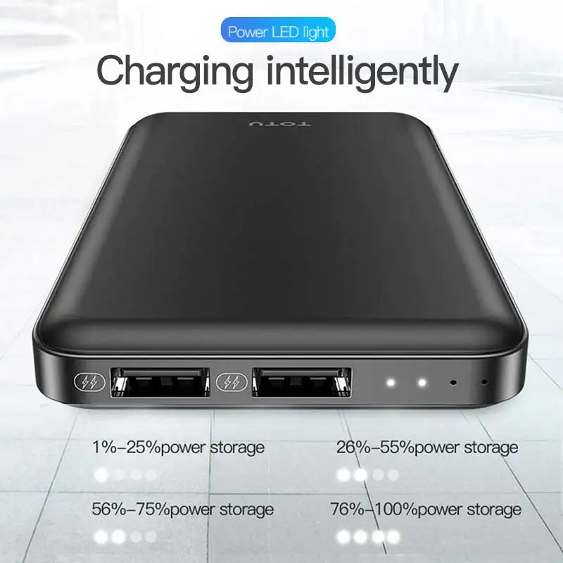 TOTU 10000 мАч портативное зарядное устройство Внешний аккумулятор двойной USB тонкий