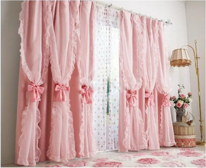 Cortinas de lujo rosa con volantes para dormitorio y sala de estar