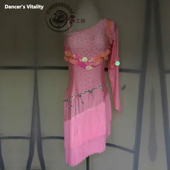 

Sequins Fringes Skirt 2017Women profession Latin Tango Ballroom Salsa Dance Dress Party Costume Women Dresses120-180cm