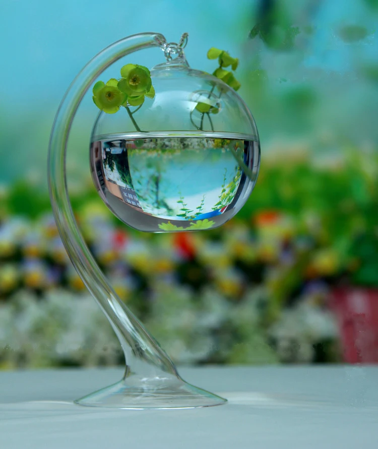 Glass round vase with stand/holder, supspended type, for decorations, or