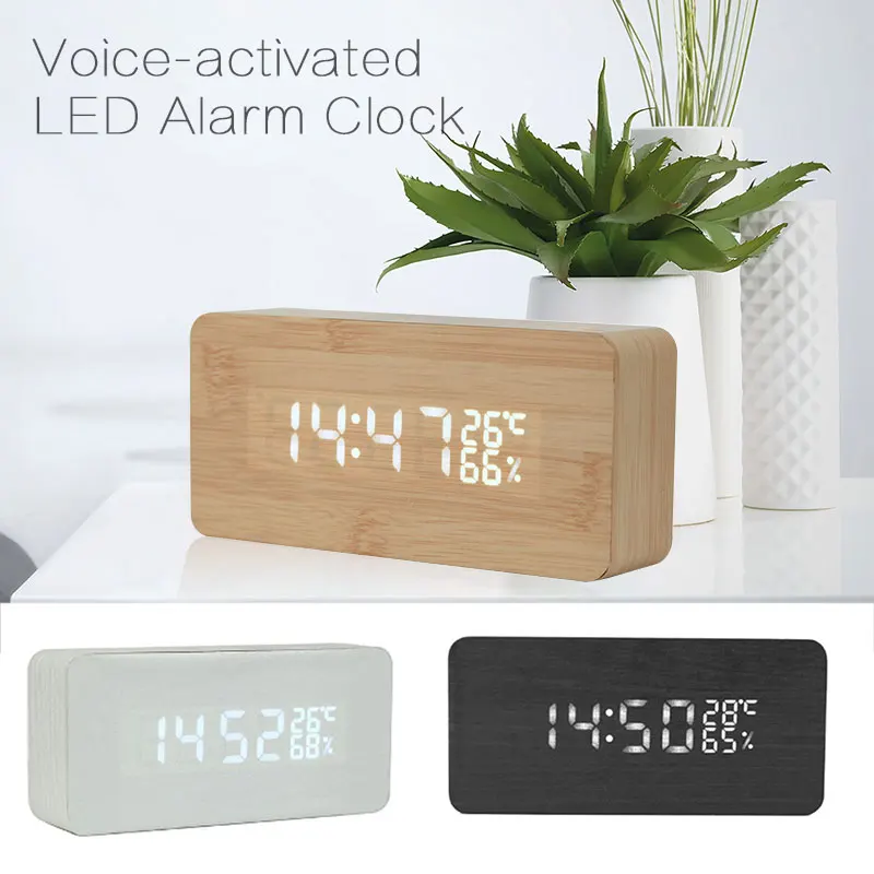 

Wood Bamboo LED Temperature Alarm Clock Reloj Voice Control Digital Calendar