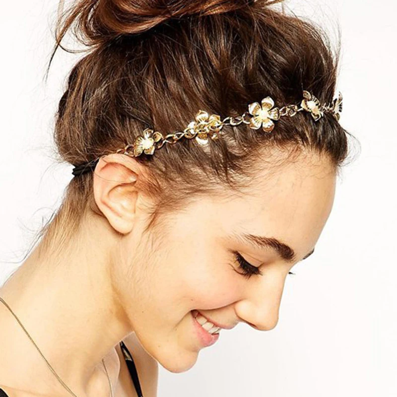 Стильная Повязка на голову с металлическим цветком и короной для женщин и девочек; цвет золотистый, Серебристый; заколки для волос на цепочке; аксессуары для волос; diademas para mujer