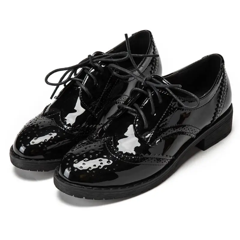 

Spring and Autumn Brogue Women's Shoes Round Toe British Style Retro Patent Leather Shoes Female Oxfords Shoes Thick Heels