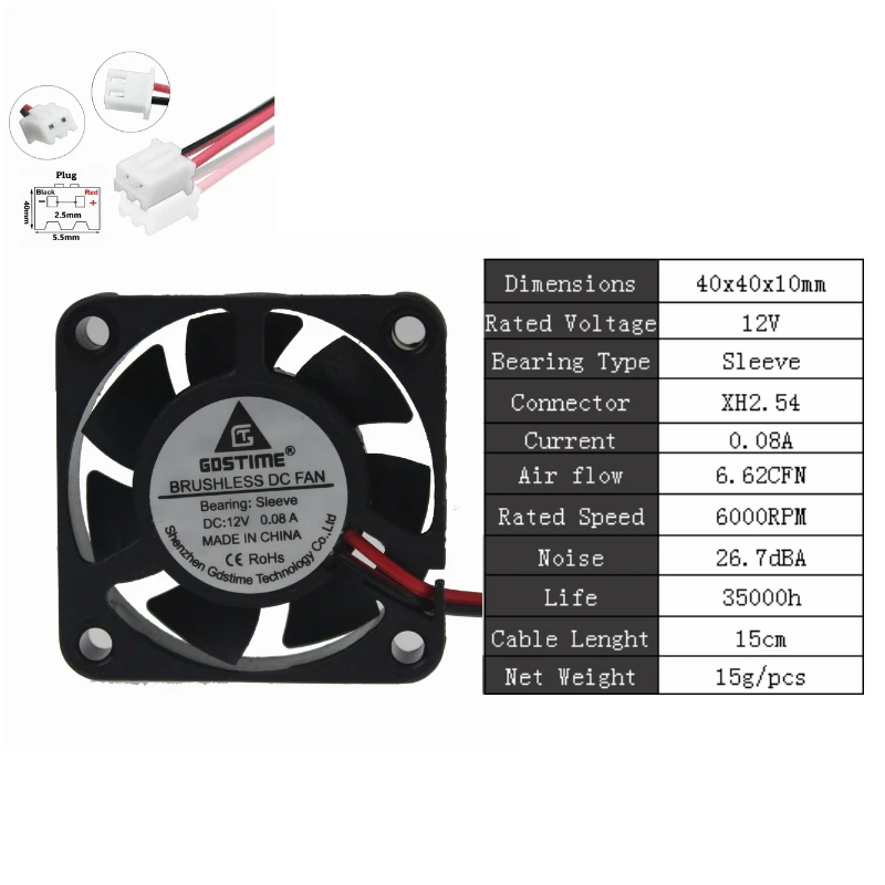 Gdstime 2 шт. 24 в 12 В 5 в 40 мм x 10 мм маленький осевой кулер 4 см 2Pin шарикоподшипник DC бесщеточный вентилятор охлаждения 40x40x10 мм 4010 3Pin - Цвет лезвия: 12V Sleeve 0.08A