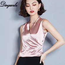 Dingaozlz летняя футболка для женщин blusa новая однотонная Повседневная рубашка с v-образным вырезом без рукавов Женские топы