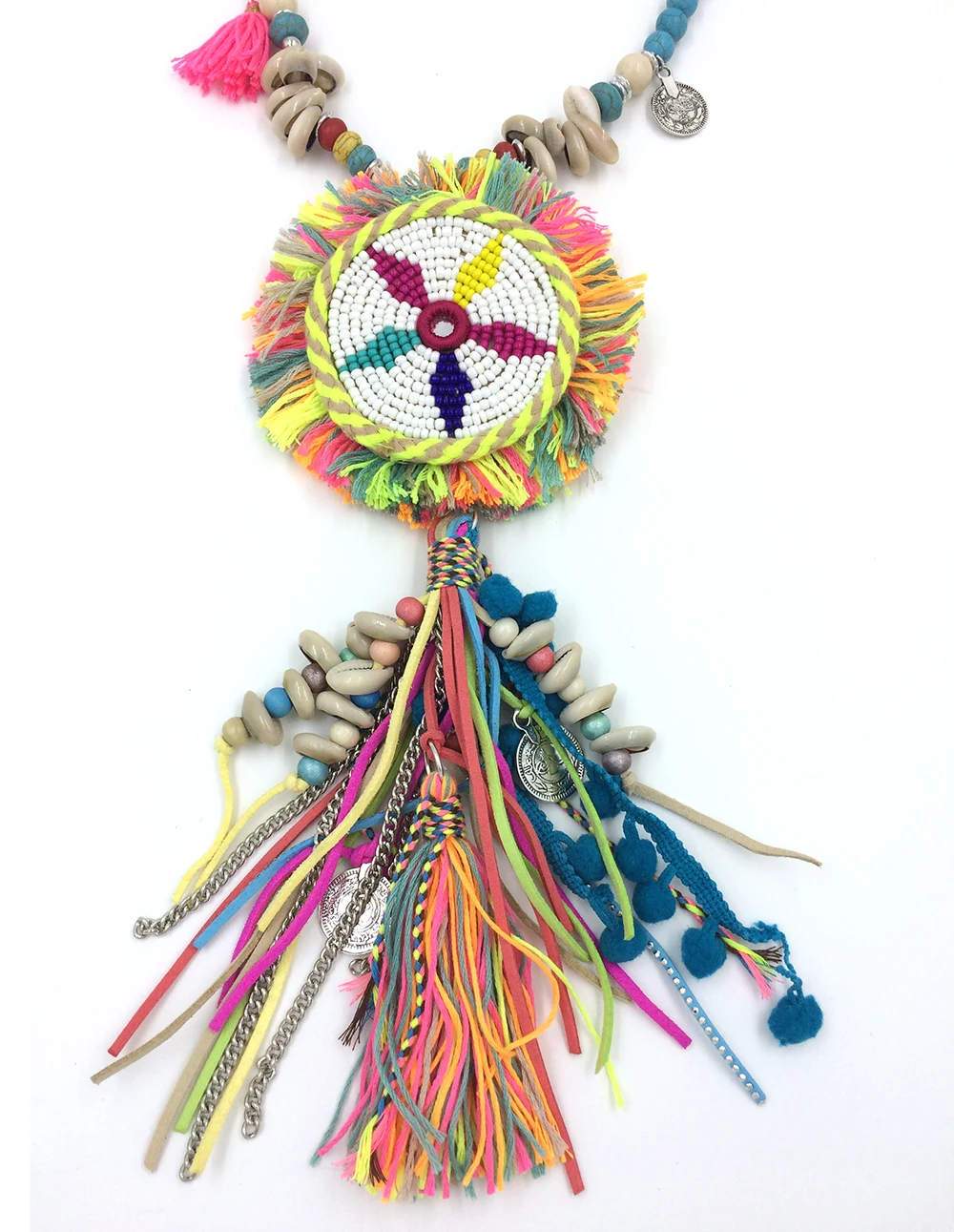New Handmade Boho beaded Chain Leather Tassel Pendents Chokers Necklce Boho ethnic Bohemia Long Fringe Pendant Necklaces