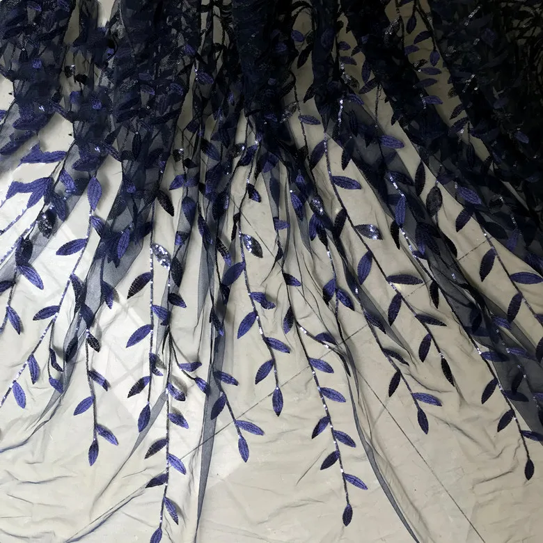 

Navy Black Leaves Sequins Embroidered Lace Fabric Wedding Dress DIY Accessories RS2364