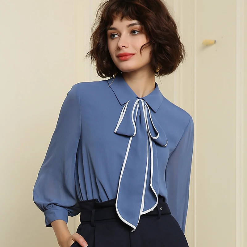 

GABERLY Classic Chiffon Mesh Stitching Lantern Sleeve Bow Loose Blouse Shirt Spring Autumn 2018 Blusas Women Blouse tops