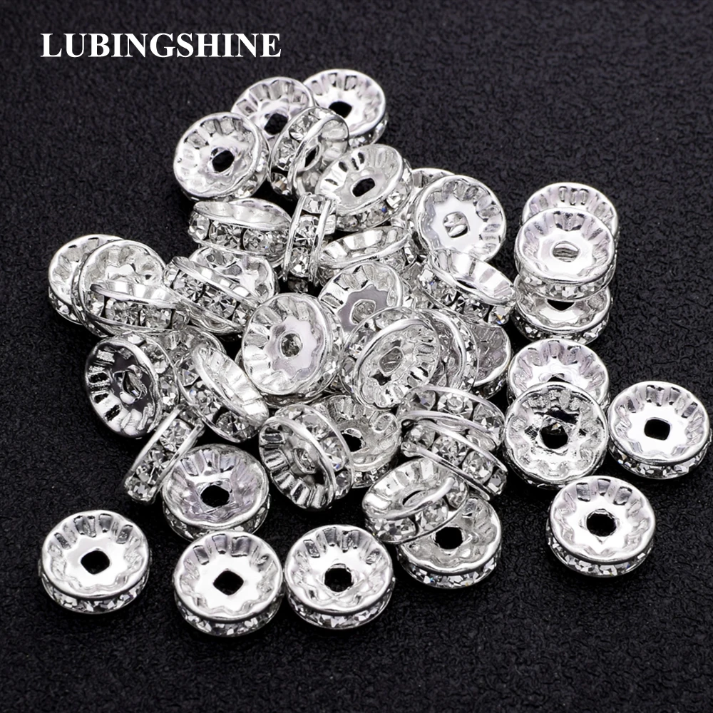 

LUBINGSHINE Dropshiping 50pc/lot Gold Silver Color Crystal Copper Spacer Beads Rhinestone Beads for Jewelry Making 6,8,10mm
