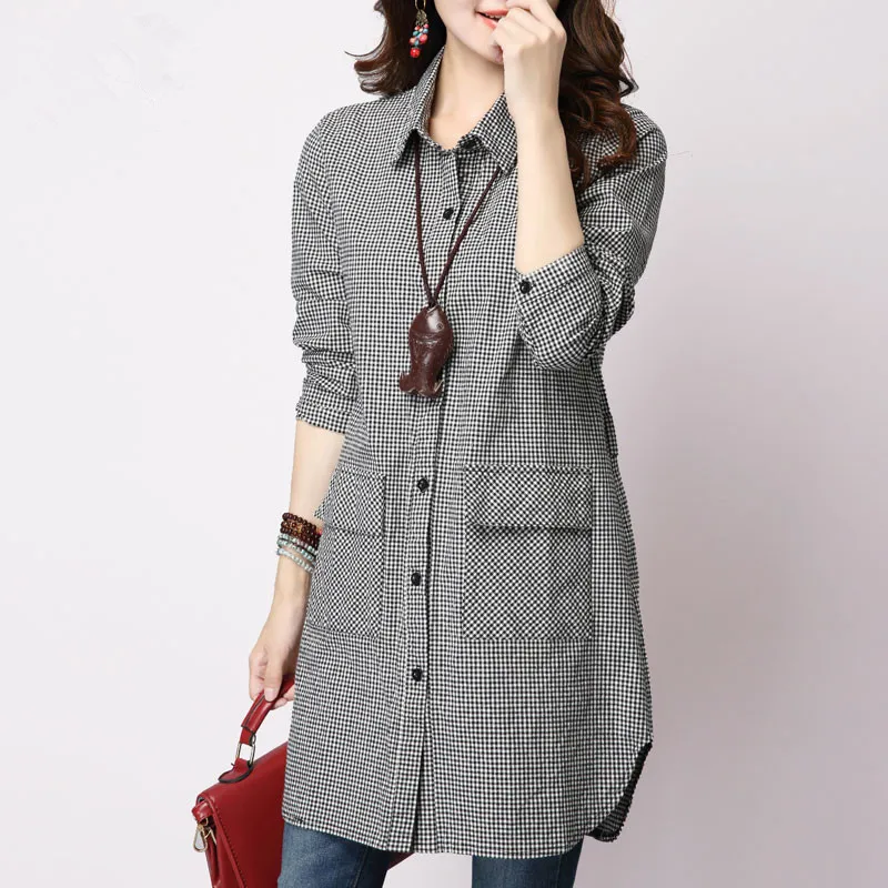  2018 spring autumn women long-sleeved cotton shirt plaid loose long-sleeved slim blouse fashion top