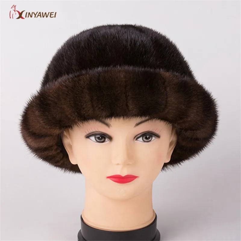 Для женщин меховая шапка для зима натуральный мех норки cap русский женские меховые головные уборы брендовые новые модные теплые шапочки Кап