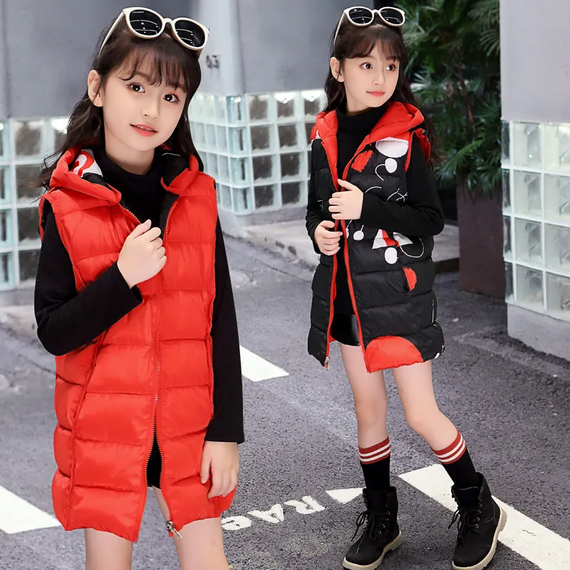 

Long Style Girls Sleeveless Reversible Jacket With Hoody Kids Autumn Winter Hooded Waistcoat For 5 6 7 8 9 10 11 12 13 Years Old