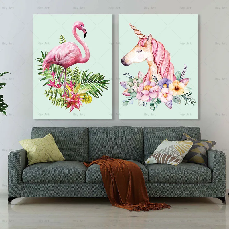 Frameless Printing Flower Wall art Cartoon Animal Pictures for Wall Posters and Prints Flamingo unicorn Canvas Painting