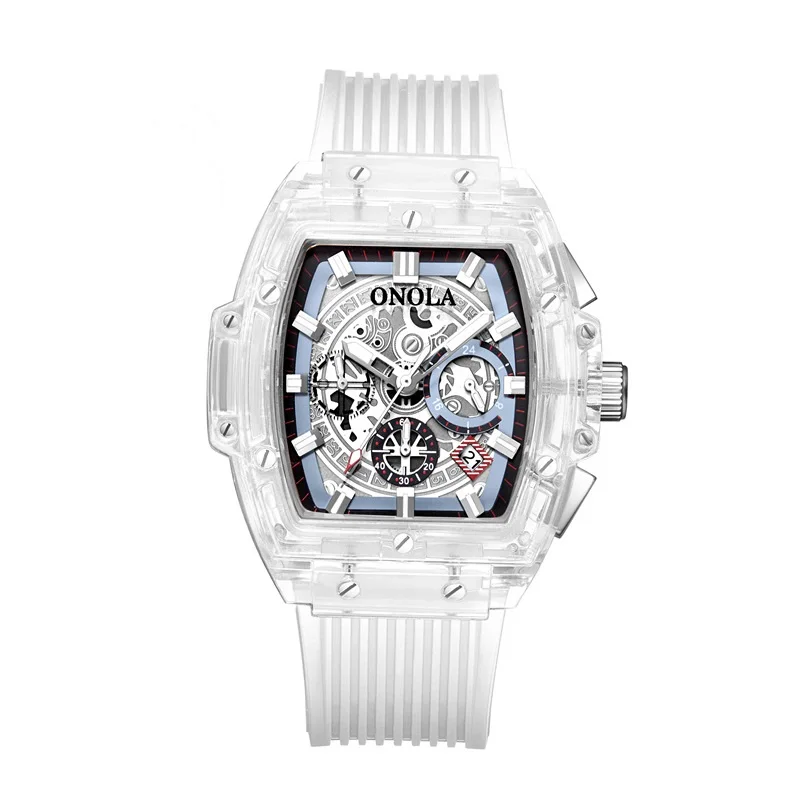 new mens quartz waterproof Multifunction man watches square white fashion clocks luxury men wristwatches Transparent