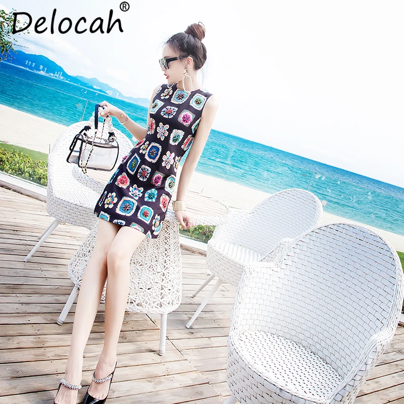 Delocah Women Summer Dress Runway Fashion Designer Sleeveless Gorgeous Beading Floral Print Elegant Casual Loose Short Dresses