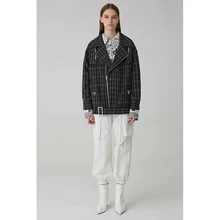 Новое поступление откладным воротником на молнии с длинным рукавом безразмерная черная клетчатая куртка для женщин