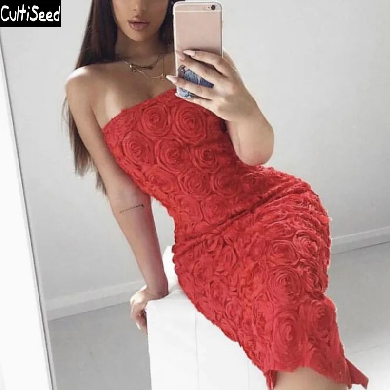 

Cultiseed Women Sexy Slash Neck 3D Rose Flower Party Dress Ladies Off the Shoulder Slim Hip Dress Female Strapless Weeding Dress