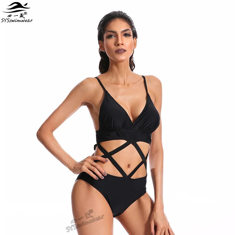

2017 Hot Top Quality Sexy Swimwear Women One Pieces Swimwear Deep-V Hollow Bandage Bathing Suit Sexy Black Pool Party Swimsuit