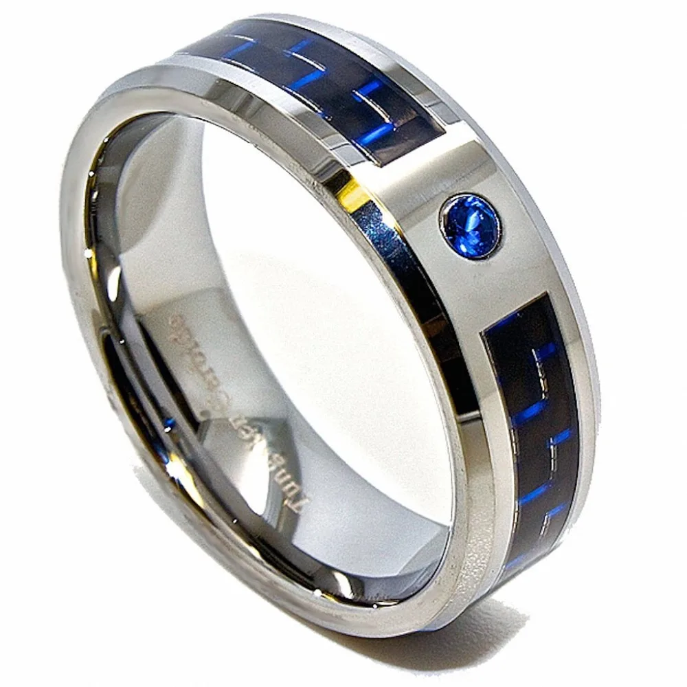 8mm Blue Cubic Zirconia (CZ) Black & Blue Carbon Fiber Tungsten Carbide Wedding Band Anniversary Couple's Jewelry