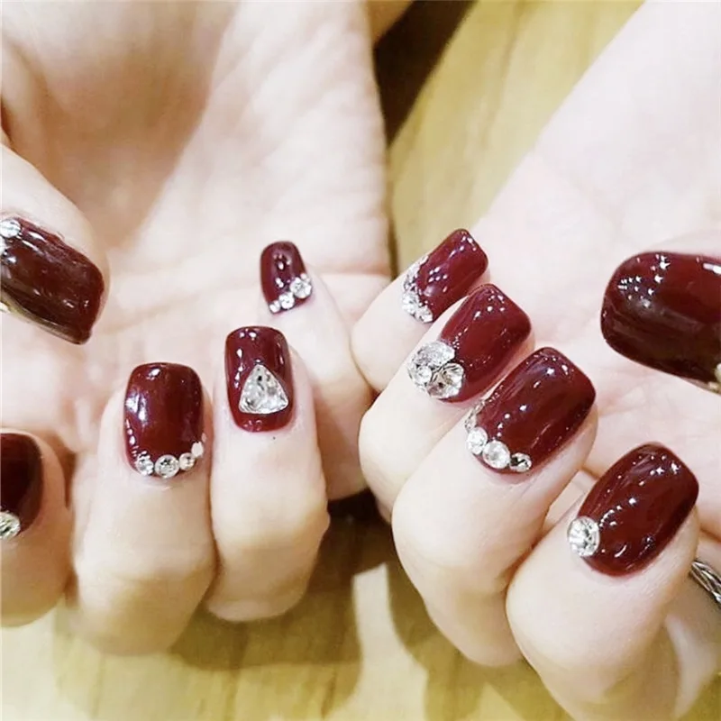 

24pcs Fake Nails Red Triangle Drill Artificial French Multiple Colors Pointed Bridal False Nails Self-sticking Tips Sticker