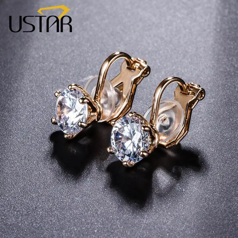 

USTAR 8mm Cubic Zirconia Clip Earrings for women Rose Gold color fashion Jewelry Earrings female Wedding Party gift top quality