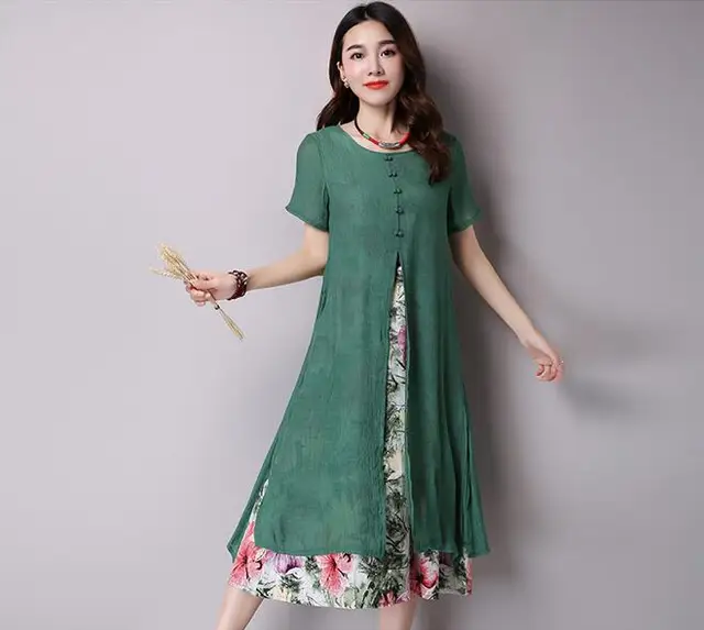 2018 New Summer Dress Short Sleeve Cotton linen Ladies Lotus long dress ...