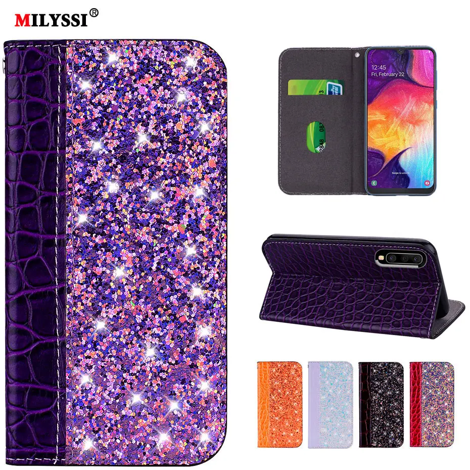 

PU Leather Flip Wallet Case for Samsung Galaxy S10 S10e Plus Glittering Phone Case for Samsung A9 2018 A30 A50 M10 M20 M30 Cover