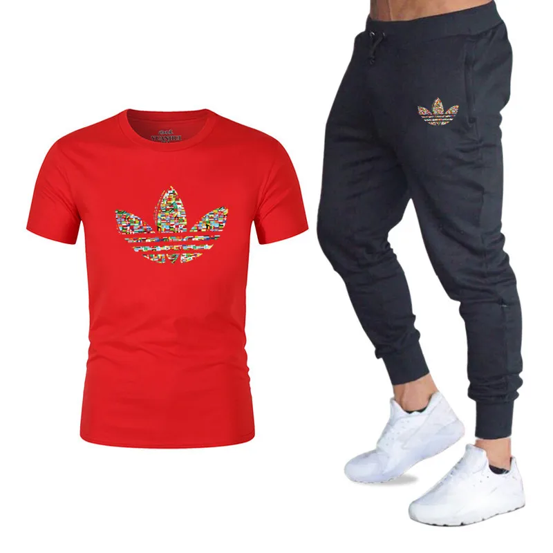 Summer new Sale Men's Sets T Shirts+pants Two Pieces Sets Casual Tracksuit 2019 Tide brand Tshirt Gyms Fitness Sportswears set