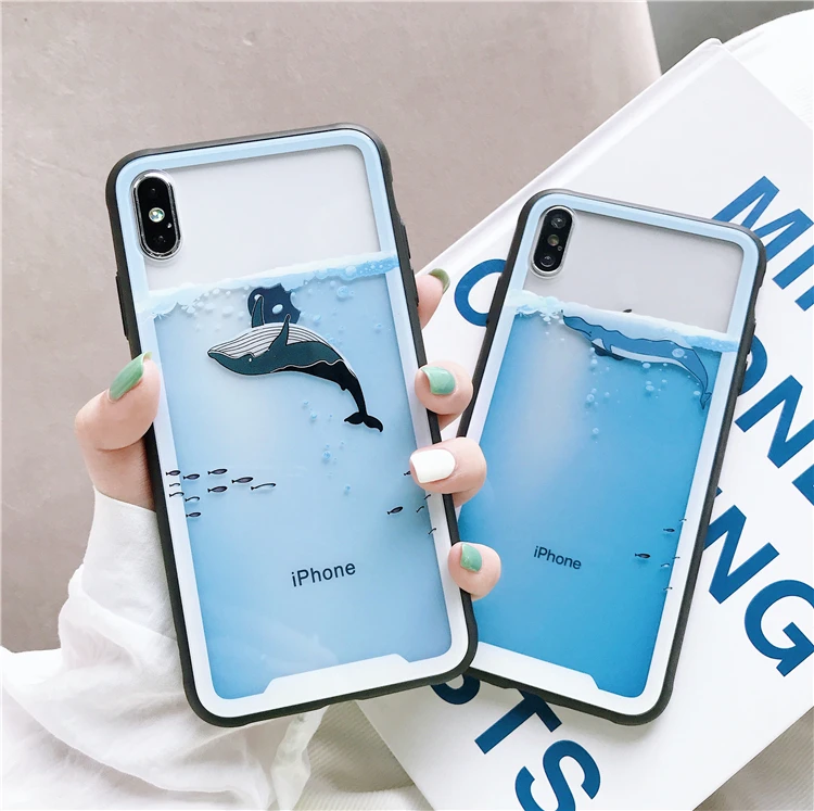 

Cute Blue whale Phone Case For iphone X Cases For iphone XR XS Max 6 6S 7 8 Plus Hard Glass Clear Full Protector Cover
