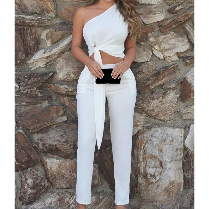 

2019 Women Sexy One Shoulder Sleeveless Office Two Piece Set 2019 New Crop Top Straight Pants Solid Suit Elegant Outfits
