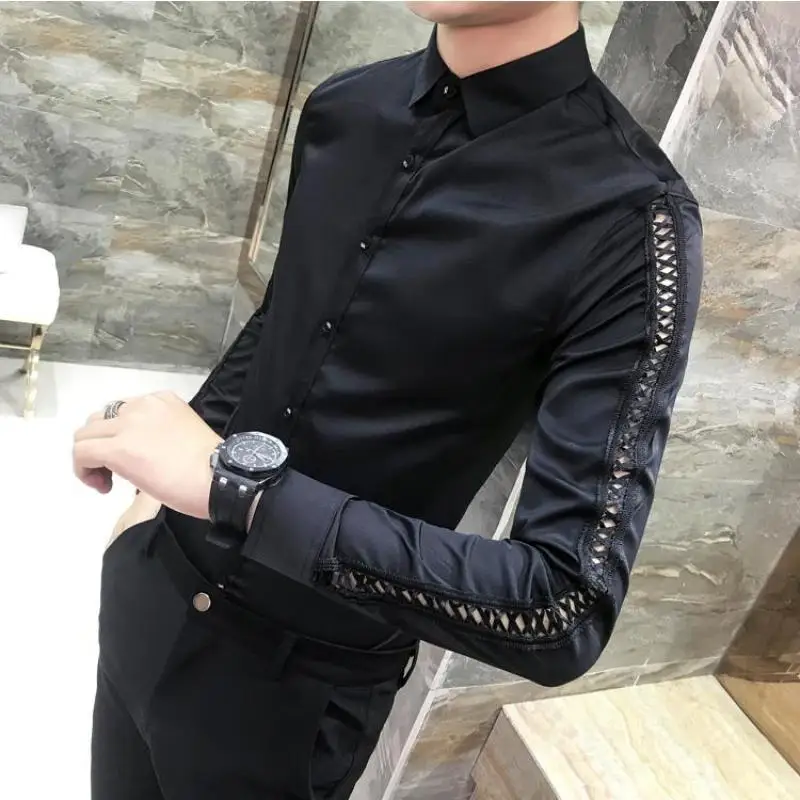 Для мужчин рубашка осень новое поступление полые высокое качество Slim Fit личность тенденция рубашки Рабочая одежда Повседневная рубашка с